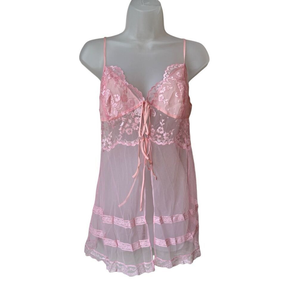 Victoria's Secret Sheer Pink Lace Cherry Blossom Open Top Mini Slip Dress Size M